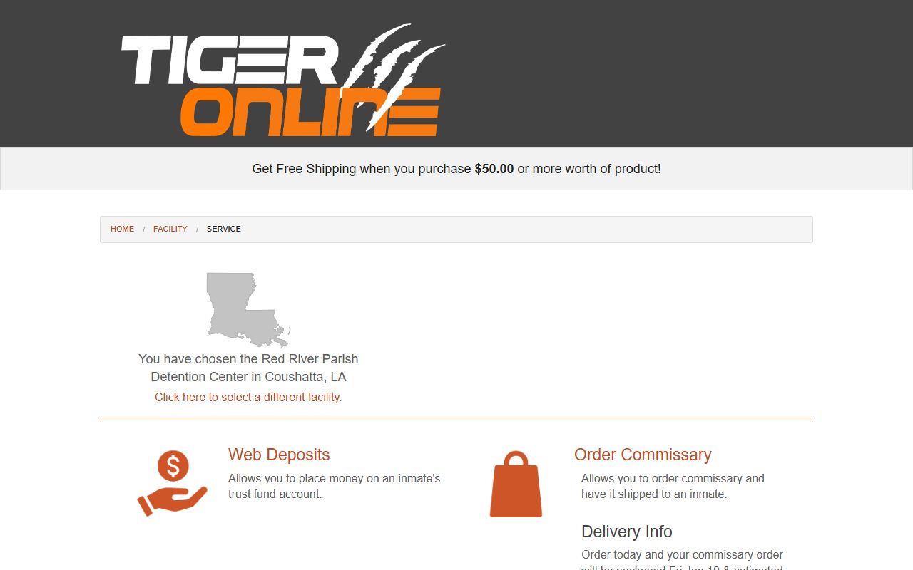 Red River Parish Jail Tiger Commissary deposit and order options
